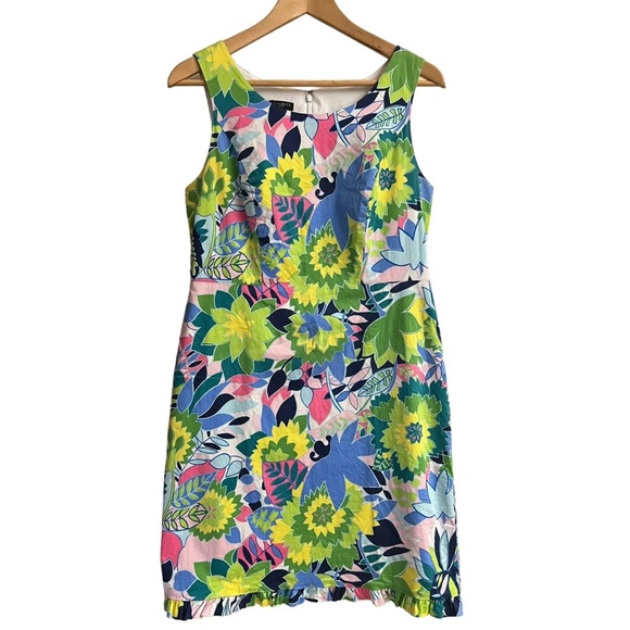 Tropical Kelly Green Sateen Sleeveless Sheath Dress w/ Ruffle Hem Talbots 6 P - Picture 4 of 8